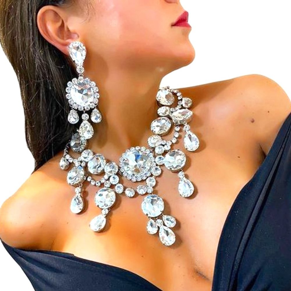 Fashion Crystal Set Necklace Earrings Jewelry Choker Rhinestone Collar Set